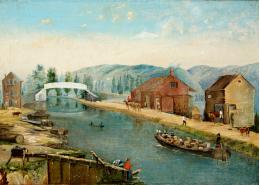 Oil painting of a canal scene with boats and activity on the sides of the canal