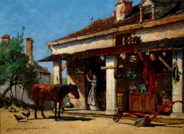 A horse stands in front of an open front 19th Century grocery store while a woman sorts goods inside. 
