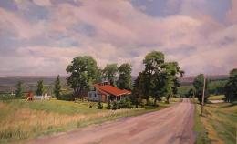 Landscape painting of a farm house nestled in the trees 