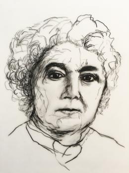 Drawn black and white portrait of a woman, Elizabeth Cady Stanton