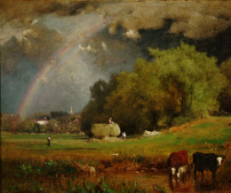 Oil painting of a landscape. Small village in the background with a rainbow arching over it