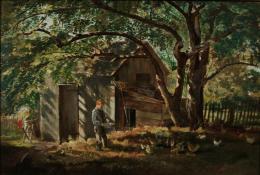 Boy feeding chickens under a shady tree next to small farm buildings