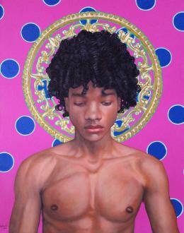 Black man without a shirt on with a halo of gold around his head