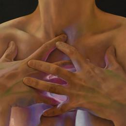 Oil painting by Britt LoSacco of human torso with light emanating from laced fingers over the heart by 