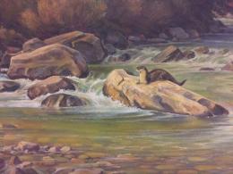 A painting of brown otter resting atop a boulder in the middle of a green flowing river
