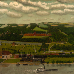 a landscape with a river in the foreground with a steamboat. On the far shore are hills with a large red factory building