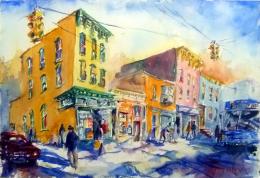 Watercolor scene of busy street corner in Albany, NY