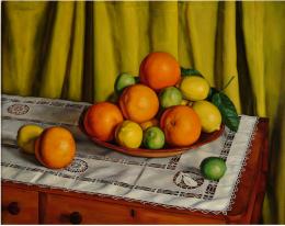 Still life with oranges, limes and lemons in front of a chartreuse colored drape