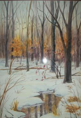 Painting of a frozen pond in winter in forest with birds flying overheard