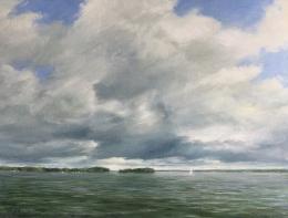 large cilouds on a windy day, sailboat on lake, oil painting by Mary Nolan