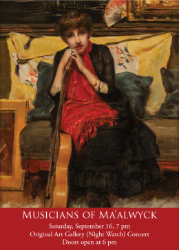 woman seating and leaning on a guitar. Text reads Musicians of Ma'alwyck Saturday September 16, 7 pm Original Art Gallery Doors open at 6 pm