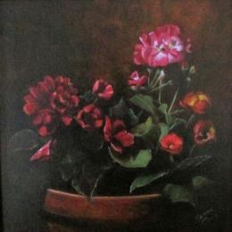 Painting of pink potted begonias and geranium flowers