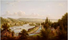 A view of the village of Little Falls, nestled in the Mohawk Valley with the Erie Canal and the Mohawk River flowing through the center