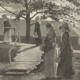 Engraving of three women. One walks over a wooden bridge two others look at the viewer. They wear clothing from the 19th century