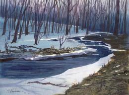 Painting of river flowing through snowy woods