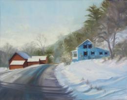 winter road with snow, red barn and house