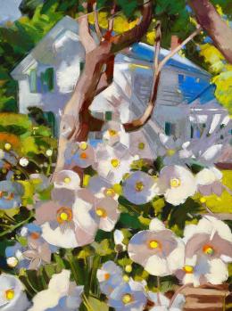 image of a house with large white flowers in foreground painting by Mary Ellen Riell, Anemones and Old Maple, pastel