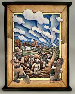 Wood carving with men digging the Erie Canal. To the left of the frame a man holds a shovel, to the right a man drinks water from a pail. 